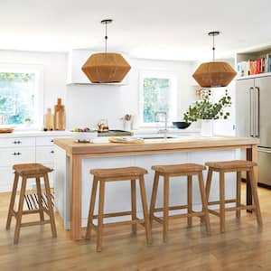 24 in. Natural Solid Wood Backless Saddle Counter Stool, Bar Stool (Set of 4)