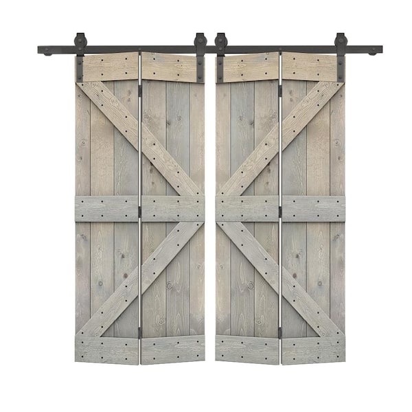 CALHOME 48 in. x 84 in. K Pre Assembled Smoke Gray Stained Wood Double Solid Core Bi-Fold Barn Doors with Sliding Hardware Kit