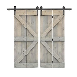 40 in. x 84 in. K-Series Solid Core Smoke Gray-Stained DIY Wood Double Bi-Fold Barn Doors with Sliding Hardware Kit