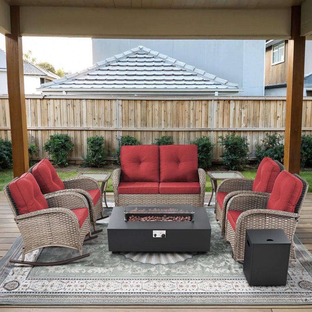 Gray 10-Piece Wicker Patio Fire Pit Set, Outdoor Loveseat Glider Seating Set with Olefin Red Cushions price history on PriceWatchPro