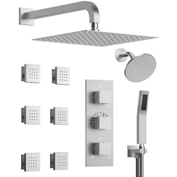 GRANDJOY His and Hers Dual Showers 12 in. 6-Jet High Pressure Shower System with Hand Shower, Anti-Scald Valve in Brushed Nickel