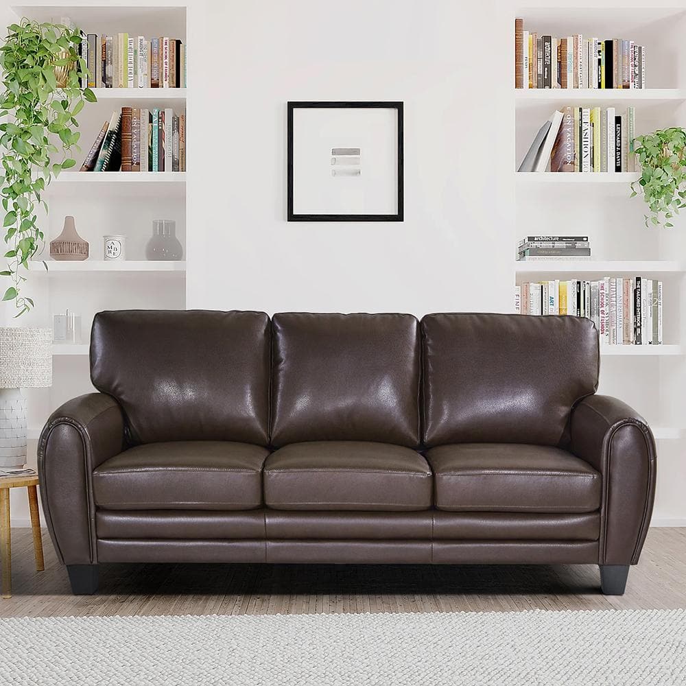 Viggo 85 in. W Round Arm Faux Leather Rectangle Sofa in. Dark Brown ...