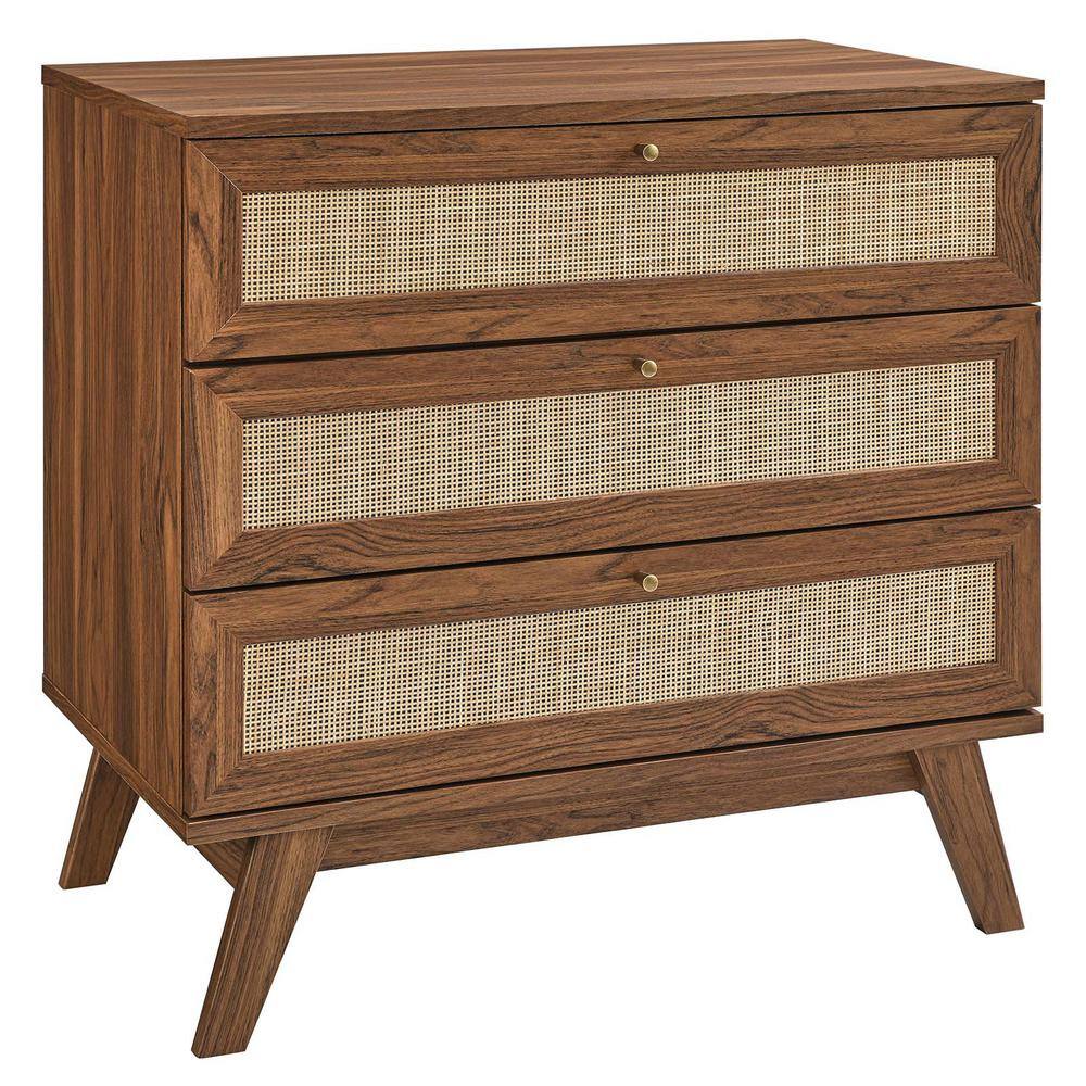 Walnut 3-Drawer Dresser with Rattan Weave Fronts