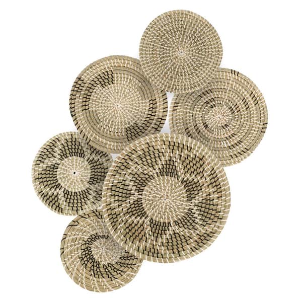 Handmade Hanging Woven Wall Basket Decor, Round Boho Unique Wicker Wall Decor, Rustic Decorative Seagrass Flat Baskets Bowl Tray for Home Table Wall