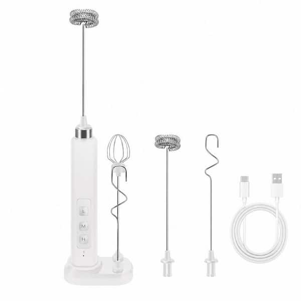 White Rechargeable Electric Milk Frother, 3-Speed Adjustable, with Charging Base, 3-Detachable Stainless Steel Whisks