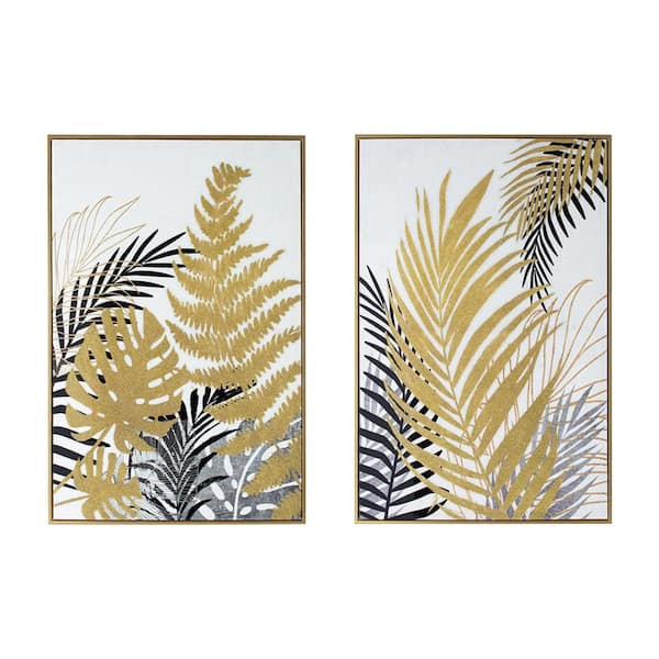 Benjara Black, Gray and Gold Wooden Framed Palm Leaf Wall Art (Set of 2)