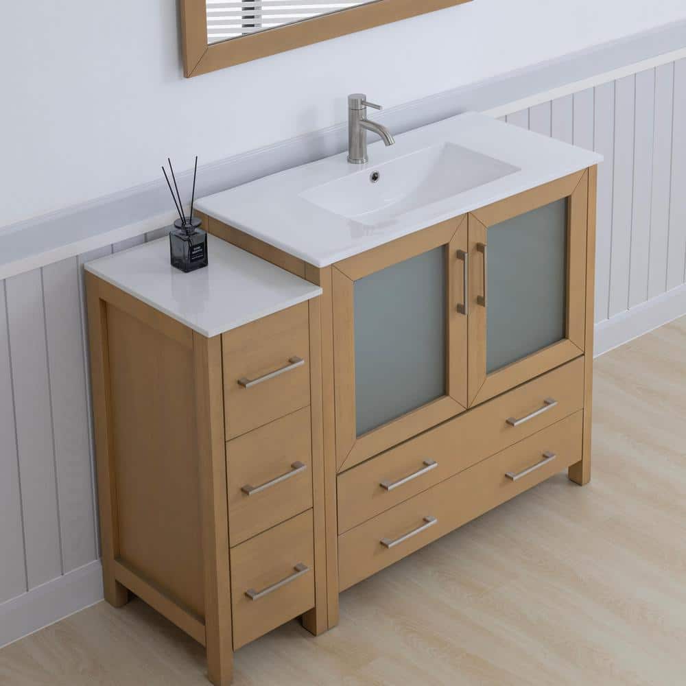 Natural Oak 48" Bathroom Vanity with White Ceramic Top and Mirror