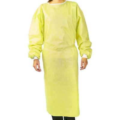 Hospital Gown, One size fits most, for general patient care, with tie neck & knitted latex free cuffs, in Yellow, 10-Pk