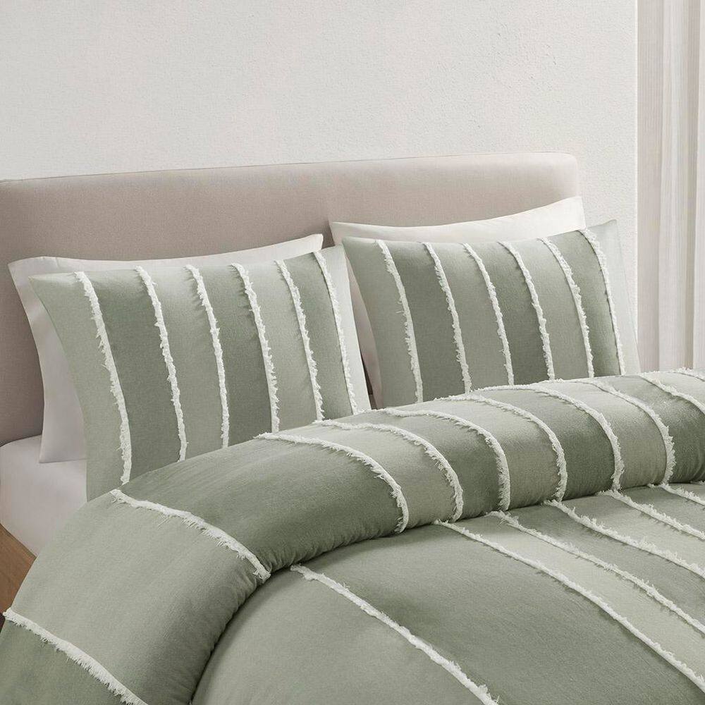 Sage Green Cotton Striped Queen Duvet Cover Set