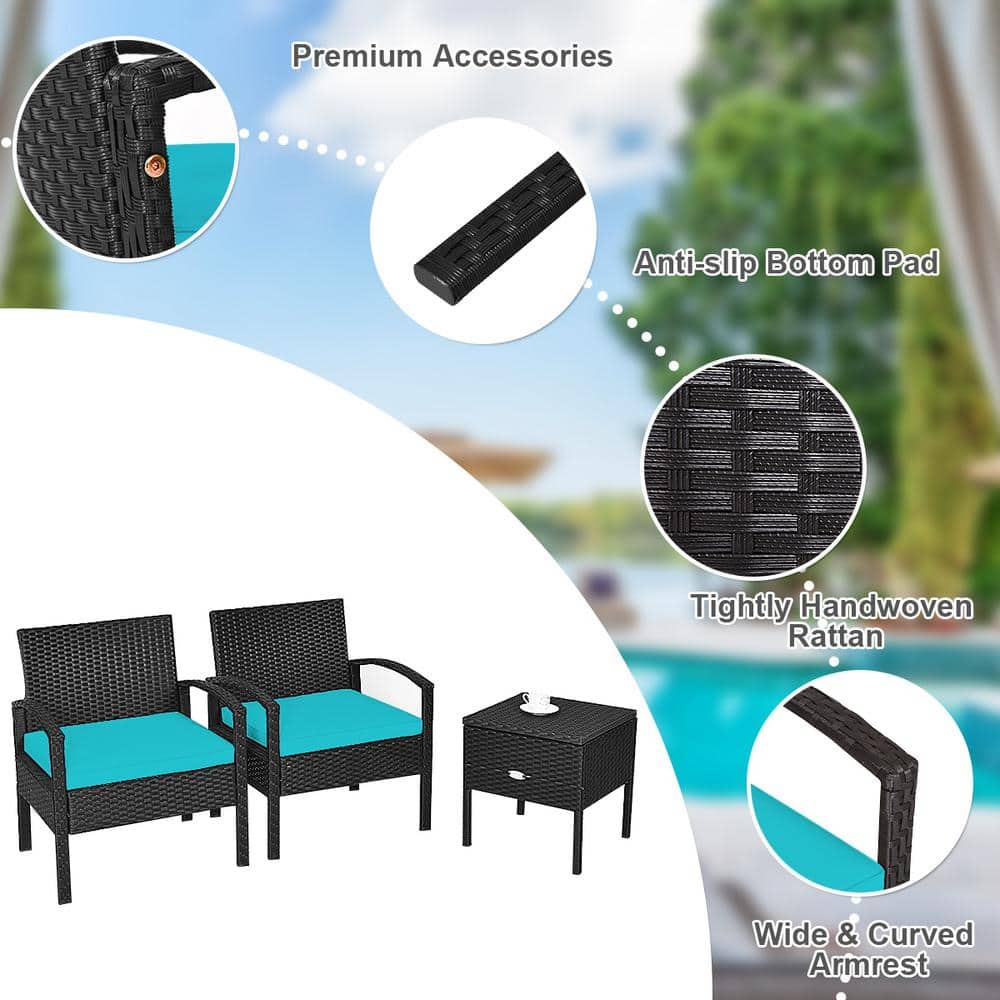 Turquoise 3-Piece Outdoor Wicker Rattan Patio Set