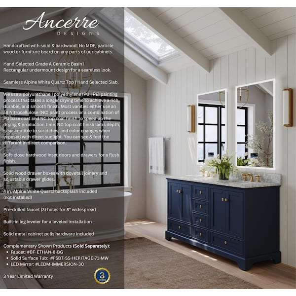 Audrey 60 in. W x 22 in. D Bath Vanity in Heritage Blue w/ Marble Vanity Top in White w/ White Basin and Gold Hardware