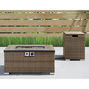 Cheyenne 32 in. x 16 in. Rectangular Wicker Propane Fire Pit Table in Brown with Propane Storage and Protective Cover