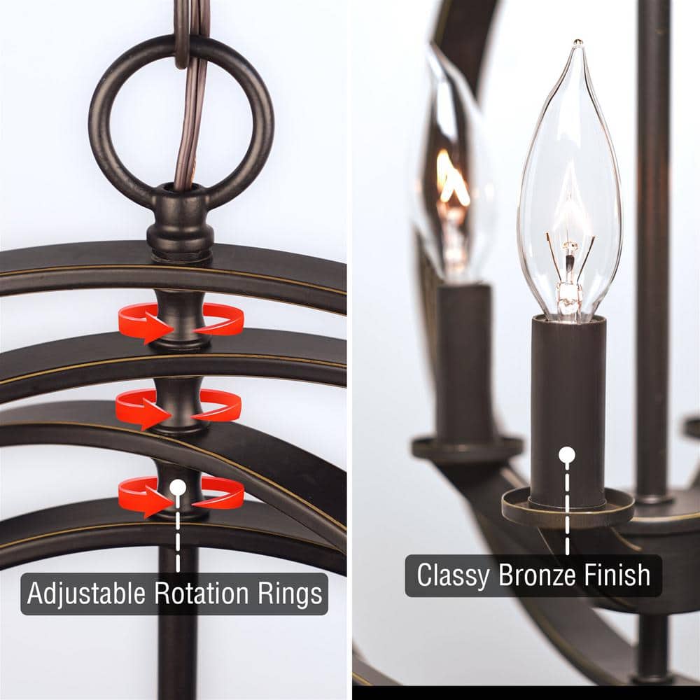 Antique Bronze 4-Light Orb Chandelier with Candle Holders