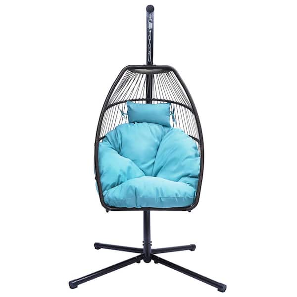 Willit 47.25 in. Outdoor Blue Wicker Hanging Swing Hammock Egg Chair with C Type Bracket