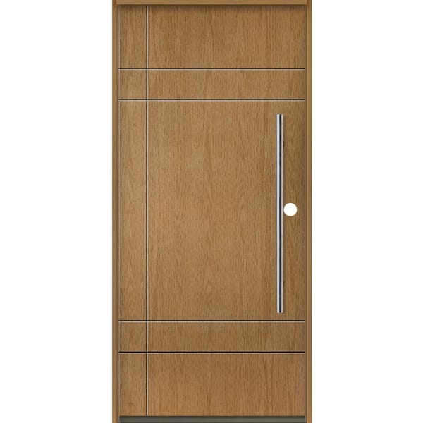 Krosswood Doors SUMMIT Modern Faux Pivot 36 in. x 80 in. Left-Hand/Inswing Solid Panel Bourbon Stain Fiberglass Prehung Front Door