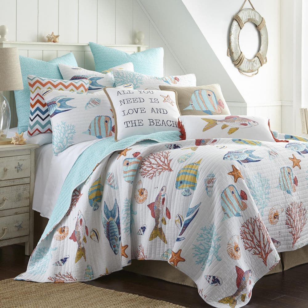 Barrier Reef White Fish Print Pillow with Red Tassels