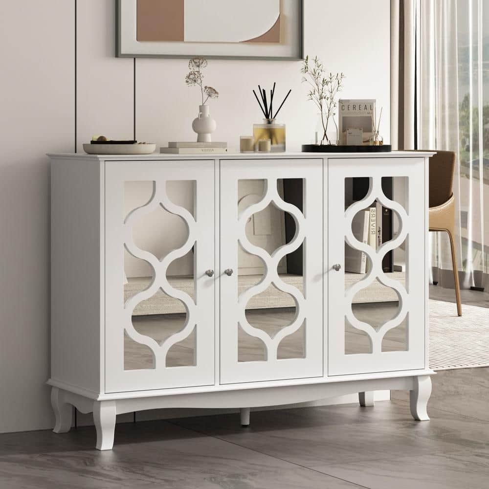 Fufuandgaga White Mirrored Wooden Accent Storage Cabinet Sideboard Wine Cabinet With 3 Doors And