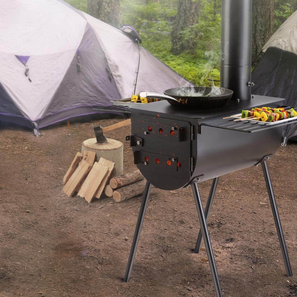 VEVOR Black Alloy Steel Portable Outdoor Wood Burning Stove with Shelves