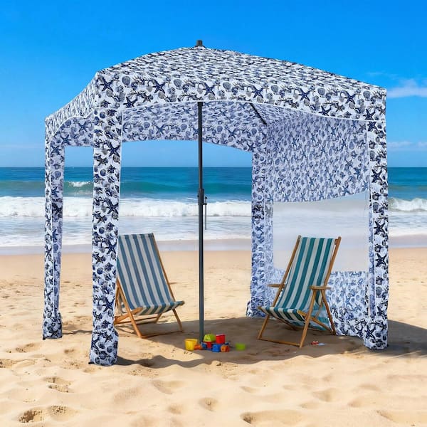 6x6 ft. Beach Cabana Tent w/ Side Wall, UPF 50+ Sun Shade, Easy Setup, Sand Pockets, Portable Shelter, Navy Blue Pattern