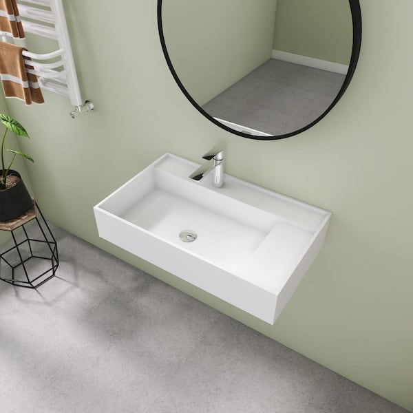 30 in. x 18 in. Wall Mount Rectangle Vessel Sink with Faucet Hole, Solid Surface Bathroom Vessel Sink in Matte White