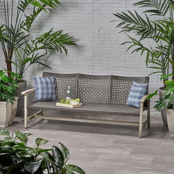 3-Seater Gray Acacia Wood and Gray Wicker Outdoor Couch