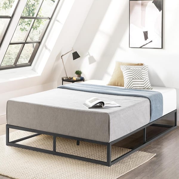 best price mattress Modernista 10 in. Black Queen Metal Platform Bed with Classic Wooden Slats
