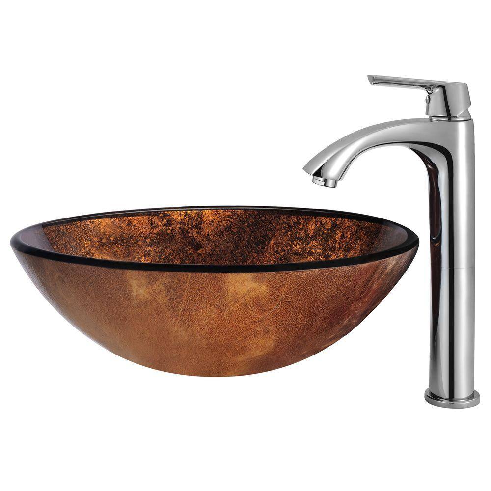 Russet Gold and Brown Glass Round Vessel Sink with Chrome Faucet