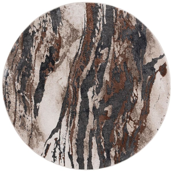 Pacific 4 ft. x 4 ft. Dark Gray/Beige Monochrome Marble Round Area Rug