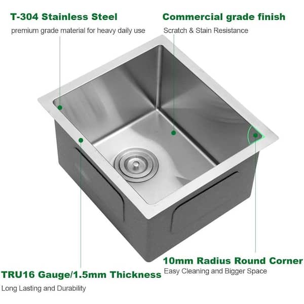 Xzkai 14 in. Undermount Single Bowls Stainless Steel Kitchen