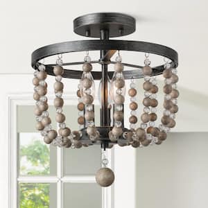 Farmhouse 12 in. Black Drum Semi Flush Mount with Crystal Wood Beads Rustic Kitchen Porch 3-Light Circle Ceiling Light