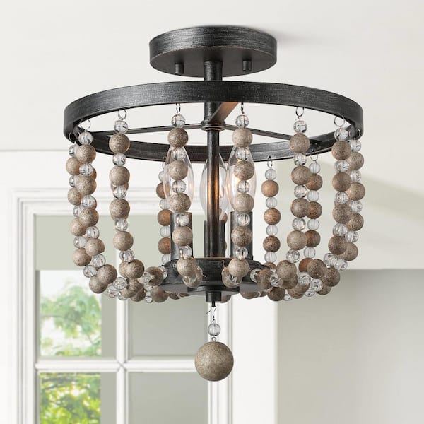 LNC Farmhouse 12 in. Black Drum Semi Flush Mount with Crystal Wood Beads Rustic Kitchen Porch 3-Light Circle Ceiling Light