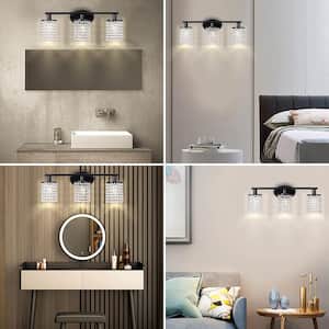 20.87 in. 3-Light Matte Black Vanity Wall Lamp with Crystal Shade