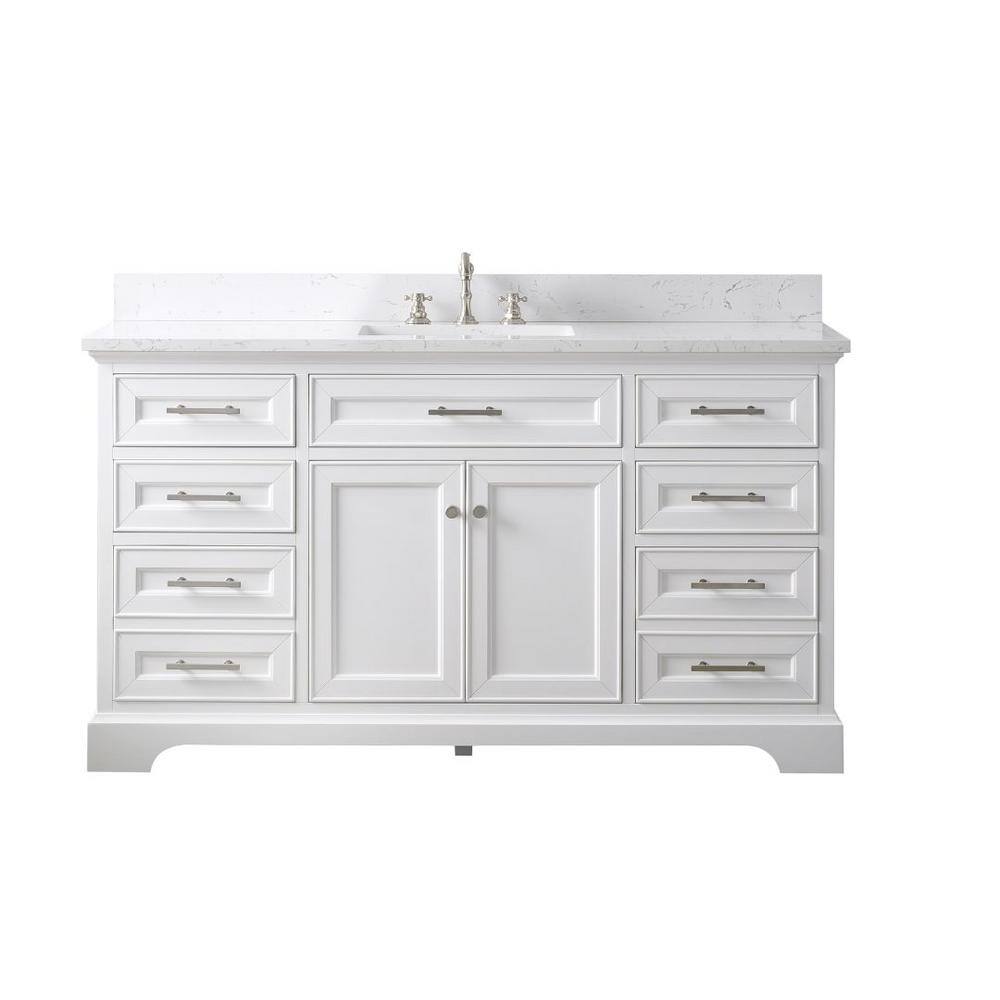 Thompson 60" White Solid Wood Single Bathroom Vanity with Engineered Stone Top