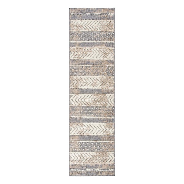 Distressed Geometric Beige 2 ft. 7 in. x 10 ft. Indoor/Outdoor Runner Rug