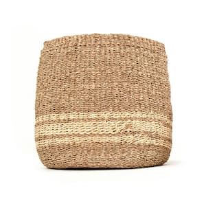 Concave Hand Woven Wicker Seagrass and Palm Leaf with Light Pin Stripes Large Basket