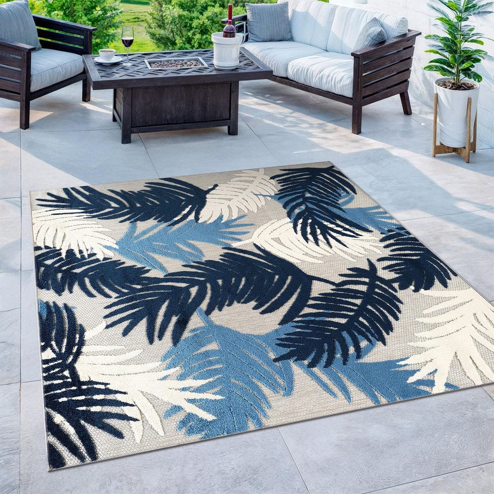 World Rug Gallery Tropical Floral Modern Indoor/Outdoor Navy 6 ft