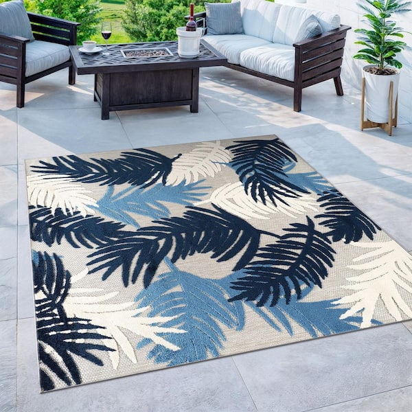 Tropical Floral Modern Indoor/Outdoor Navy 6 ft. 6 in. x in. 6 ft. 6 in. Square Area Rug
