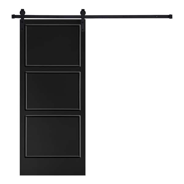 AIOPOP HOME Modern THREE PANEL Designed 84 in. x 42 in. MDF Panel Black Painted Sliding Barn Door with Hardware Kit
