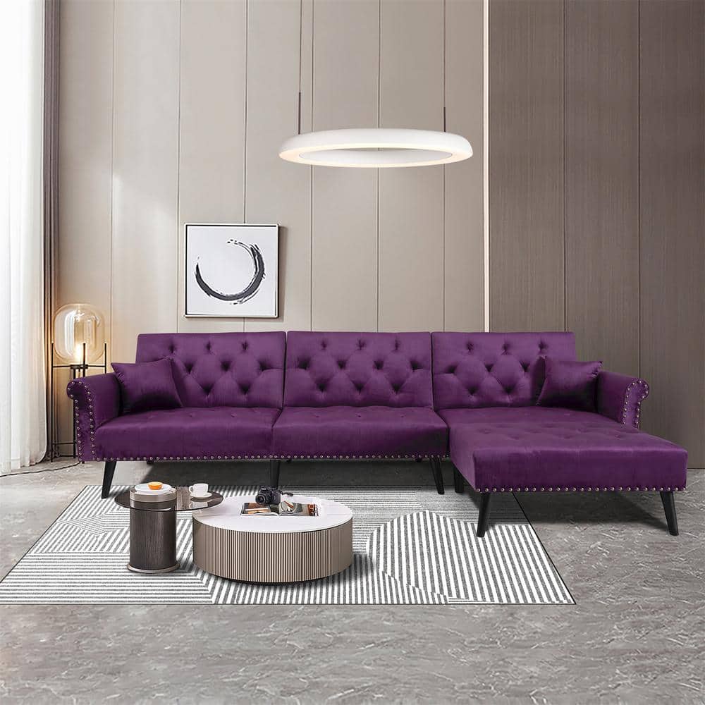 J&E Home 115 in. W Purple Velvet Twin Size Reversible Tufted 4 Seats Sofa Bed Sleeper -  GD-W223S00872