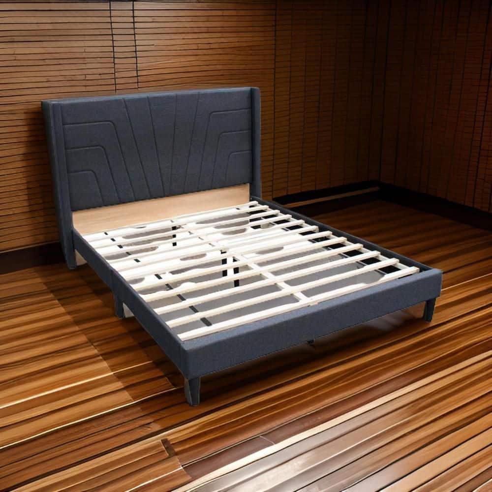 Nny Charcoal Black Wood Frame Queen Size Platform Bed with Tufted Headboard and Burlap Upholstery