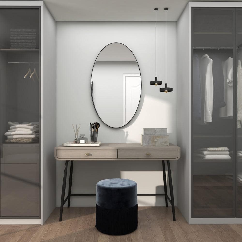 Modern Oval Black and Silver Wood Framed Dresser Mirror