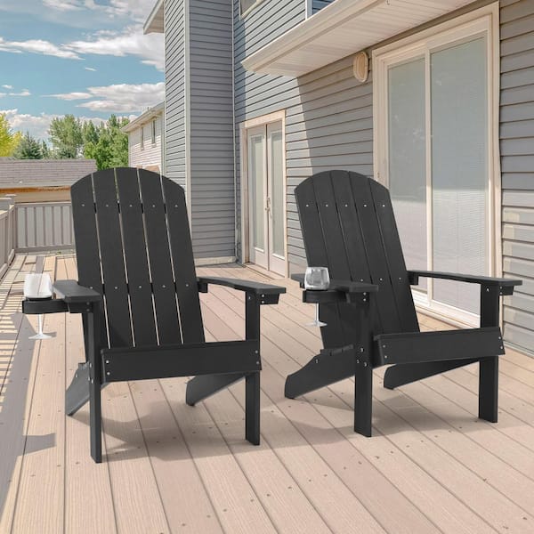 JOYESERY Black Outdoor All Weather Recycled Plastic Adirondack Chair With Cupholder (Set of 2)
