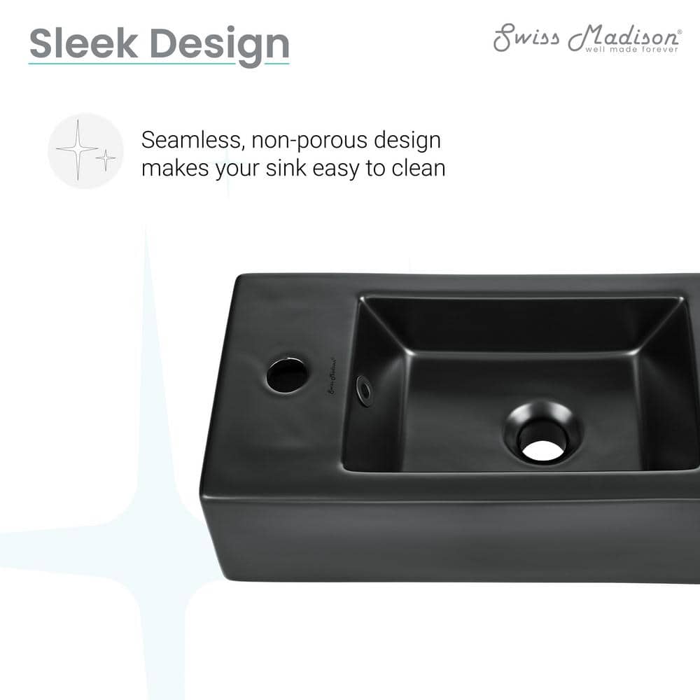 Matte Black Rectangular Ceramic Wall-Mounted Sink with Left Side Faucet
