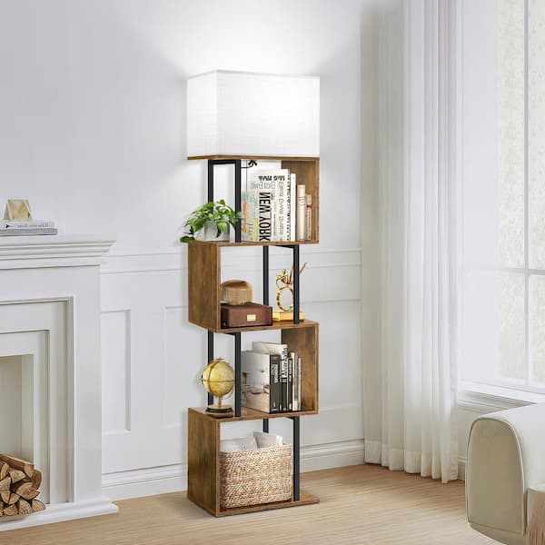 57 in. Retro Yellow Brown 1-Light Column Bookshelf Floor Lamp for Living Room with Linen Shade and Color Temperature