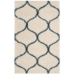 Hudson Shag Ivory/Slate Blue Doormat 3 ft. x 5 ft. Geometric Trellis Area Rug