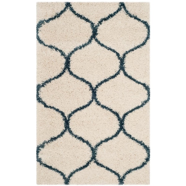 SAFAVIEH Hudson Shag Ivory/Slate Blue Doormat 3 ft. x 5 ft. Geometric Trellis Area Rug