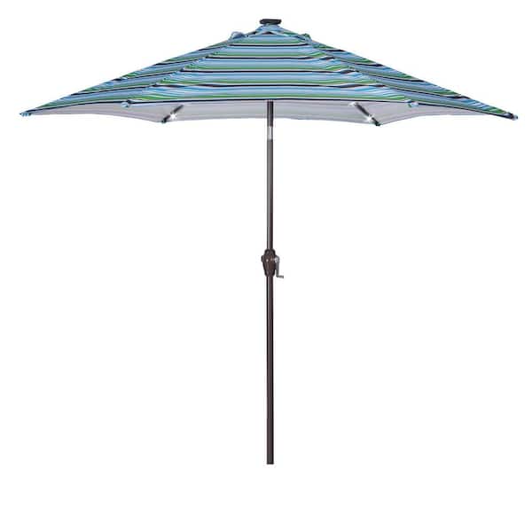 Runesay 8.7 ft. Patio Beach Market Outdoor Table Umbrella with Push Button Tilt and Crank in Blue Stripes with 24 LED Lights