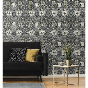 Charcoal and Goldenrod Ogee Flora Unpasted Nonwoven Paper Wallpaper Roll 57.5 sq. ft.