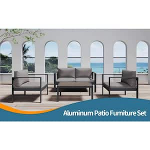 4-Piece Aluminum Outdoor Modern Sofa Seating Group, Patio Couch for Garden, with Black Cushions