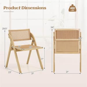 Natural Wood Foldable Dining Chairs Set of 2 with Woven Rattan Backrest & Seat Rubber Wood Frame